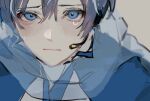  0qktb 1boy blue_hair blue_scarf blush closed_mouth commentary_request grey_background hair_between_eyes headset kaito_(vocaloid) looking_at_viewer male_focus sanpaku scarf simple_background solo tears unfinished upper_body vocaloid 
