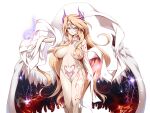 1girl akazawa_red angel angel_wings arm_at_side blonde_hair blue_eyes breasts chaos_ilias circlet closed_mouth demon_horns energy_wings facial_tattoo feathered_wings frown full-body_tattoo game_cg gem horns ilias jewelry large_breasts large_variant_set long_hair mon-musu_quest! mon-musu_quest:_paradox navel nose outstretched_arm pointy_ears pubic_tattoo purple_horns red_gemstone ribbon tattoo variant_set very_long_hair white_ribbon wings 