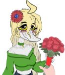 accessory ambiguous_gender anthro artist_name biped black_eyes blonde_hair blush bouquet breasts cavemanon_studios choker clothed clothed_anthro clothed_female clothing crop_top dinosaur duo eyebrow_through_hair eyebrows fan_character female female/ambiguous fingers first_person_view flower flower_in_hair freckled_face freckles george_kp green_clothing green_shirt green_topwear hair hair_accessory happy hi_res holding_flower holding_object human human_on_anthro human_pov humanoid_hands interspecies jewelry judee long_hair looking_at_viewer mammal medium_breasts midriff mostly_offscreen_character mostly_offscreen_human necklace non-mammal_breasts plant prehistoric_species puppet_pals reptile rose_(flower) scales scalie shirt shoulderless_shirt smile snoot_game text theropod topwear translucent translucent_hair troodon troodontid white_body white_scales yellow_sclera