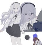  1girl black_hairband black_ribbon black_skirt blood_on_gloves blue_jacket collared_shirt commentary dated grey_eyes grey_jacket hai_(haihki) hairband highres jacket kashimiya_karua light_blush long_hair multicolored_jacket multiple_views neck_ribbon open_clothes open_jacket out_of_frame ribbon shirt skirt sumino_takumi sweat symbol-only_commentary the_hundred_line_-last_defense_academy- twitter_username two-tone_jacket white_jacket white_shirt 