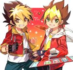  2boys amanogawa_ryuusei artist_name belt belt_buckle black_gloves black_hair black_pants blonde_hair blue_shorts brown_belt brown_eyes brown_hair buckle card clenched_hand clenched_teeth collared_jacket commentary crossover dated duel_disk fingerless_gloves gloves green_eyes hair_between_eyes hercules_beetle holding holding_card holding_toy jacket jinzou_konchuu_kabutoborg_vxv kuroda_(kuro_yyy) looking_at_viewer male_focus multiple_boys ohdo_yuga open_clothes open_jacket pants red_jacket shirt short_hair shorts signature standing star_(symbol) teeth tomcat_red_beetle_(kabutoborg) toy toy_car trading_card trait_connection translated white_shirt yu-gi-oh! yu-gi-oh!_sevens 