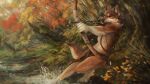 2022 4_toes 5_fingers accessory action_pose anthro arrow_(weapon) autumn_leaves blue_eyes bottomwear bow_(weapon) braided_hair canid canine canis claws clothed clothing digital_media_(artwork) drawing_bowstring feather_ear_ring feet fingers foot_in_water hair hair_accessory hair_ring holding_bow_(weapon) holding_object holding_ranged_weapon holding_weapon inner_ear_fluff loincloth male mammal miles_(miles-wolf) nature nature_background paws plant pointy_ears pose prick_ears qostine quiver_(object) ranged_weapon solo splashing_water tail toe_claws toes topless topless_anthro topless_male tree tuft water weapon whisker_spots wolf