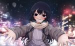  1girl black_eyes black_hair blunt_ends blush brown_coat brown_scarf building city_lights coat creepy_eyes empty_eyes enpera foreshortening hair_between_eyes highres kimi_no_koto_ga_dai_dai_dai_dai_daisuki_na_100-nin_no_kanojo kusanochika lens_flare light_particles long_hair long_sleeves looking_at_viewer night night_sky open_mouth outstretched_arms purple_sweater railing reaching reaching_towards_viewer ribbed_sweater scarf sky skyscraper smile snow snowing solo sparkle sweater upper_body wavy_hair wavy_sidelocks winter winter_clothes zetsubouda_meru 
