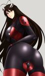  antenna_hair ass bangs black_hair blush bodysuit breasts cameltoe from_below gloves grey_background hair_between_eyes hair_ornament koujun_(mugenzero) large_breasts long_hair looking_at_viewer looking_back multicolored_hair original parted_lips red_eyes red_hair sidelocks simple_background solo streaked_hair thighs turtleneck two-tone_hair very_long_hair 