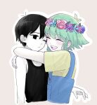  2boys antenna_hair basil_(headspace)_(omori) basil_(omori) black_eyes black_hair black_tank_top blue_overalls blush closed_eyes closed_mouth collarbone colored_skin expressionless flower green_hair head_wreath highres hug male_focus multiple_boys omori omori_(omori) one_eye_closed open_mouth overalls rami_1300 shirt short_hair short_sleeves smile t-shirt tank_top teeth upper_teeth_only white_skin yellow_shirt 