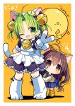  2girls animal_hat apron arm_behind_back bell black_dress blush brown_hair cat_hat cat_tail closed_mouth curtained_hair dejiko di_gi_charat dot_mouth dress full_body gema gloves green_eyes green_hair hair_between_eyes hat jingle_bell multiple_girls one_eye_closed open_mouth orange_background peeking_out puchiko shadow shoes standing tail translation_request v white_apron white_gloves white_shoes zest_(lossol) 