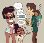  1boy 3girls absurdres alternate_skin_color brown_hair brown_pants closed_eyes crossed_arms dark-skinned_female dark_skin denim denim_shorts english_text green_jacket grey_background highres jacket lily_bloud lola_bloud lori_bloud lynn_loud_sr mahmapuu multiple_girls open_clothes open_jacket open_mouth pants short_shorts shorts simple_background speech_bubble tank_top teeth the_bloud_house the_loud_house toon_(style) upper_teeth_only white_tank_top zzz 