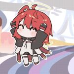  1girl ^_^ animated animated_gif arknights arms_up blush chibi chibi_only closed_eyes detached_wings energy_wings exusiai_(arknights) exusiai_the_new_covenant_(arknights) halo happy jumping long_hair lowres red_hair solo traditional_halo wings xiguadudepaozhi 