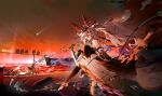 1girl absurdly_long_hair alternate_costume ayanami_(azur_lane) ayanami_(destroyer) azur_lane bare_shoulders black_nails brown_thighhighs feet from_side hair_between_eyes hat headgear highres holding holding_sword holding_weapon huge_weapon jacket liwendala long_hair manjuu_(azur_lane) nail_polish no_shoes peaked_cap personification red_eyes scenery solo stirrup_legwear sunset sword thighhighs toeless_legwear toenail_polish toenails vehicle_and_personification very_long_hair water weapon white_hair white_hat white_jacket 