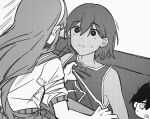  1girl 2boys aubrey_(faraway)_(omori) aubrey_(omori) bailan1130 bright_pupils clothes_grab collar_grab double-parted_bangs greyscale hairband highres jacket kel_(faraway)_(omori) kel_(omori) long_hair looking_at_another monochrome multiple_boys neckwear_grab omori open_mouth parted_lips short_hair short_sleeves sunny_(omori) sweatdrop 