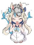  1girl :3 :d afterimage animal_ears bare_arms blonde_hair blue_hair blue_sailor_collar blunt_bangs cat_ears clenched_hands commentary disembodied_head dot_nose dress fins fish_tail frilled_dress frilled_sailor_collar frills hand_on_another&#039;s_head hashtag-only_commentary headpat highres indie_virtual_youtuber innertube_hair_ornament light_blush long_hair low_twintails multicolored_hair one_side_up open_mouth panda060 sailor_collar sailor_dress sameko_saba simple_background sketch sleeveless sleeveless_dress smile solo_focus streaked_hair tail tail_wagging twintails two-tone_hair very_long_hair virtual_youtuber white_background white_dress 