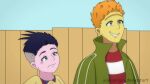  2boys animated animated_gif blue_eyes blue_hair cartoon_network deviantart ed_(ed_edd_n_eddy) ed_edd_n_eddy eddy_(ed_edd_n_eddy) fence green_eyes green_jacket jacket male_focus multiple_boys orange_hair shirt sky unibrow watermark yellow_shirt yukipengin 