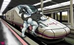 animal_genitalia animal_penis anthro aviesergal balls big_balls big_butt big_muscles big_penis butt canine_genitalia canine_penis cleaning cleaning_tool clothed clothing genitals hi_res humanoid knot knotted_penis looking_at_viewer looking_back looking_back_at_viewer male muscular muscular_anthro muscular_legs muscular_male muscular_thighs pawpads penis railway_track raised_tail randy_the_sergal renfe renfe_talgo_s-102 sergal solo sponge tail tail_fluff train train_station underwear vehicle