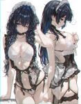  1girl absurdres arm_support back_ribbon black_hair blue_eyes blue_hair blush bra braid breasts choker cleavage clothing_request colored_inner_hair embroidered_bra from_side garter_straps hair_between_eyes hair_intakes hair_over_shoulder hand_in_own_hair hand_up highres hololive hololive_english k_at_ie_(hxk82) lace lace_choker large_breasts lingerie long_hair low_twin_braids maid_headdress multicolored_hair multiple_views navel one_eye_closed ouro_kronii ouro_kronii_(maid) panties ribbon side-tie_panties sideboob simple_background sweat thigh_gap twin_braids two-tone_panties underwear virtual_youtuber white_background white_bra white_panties white_ribbon 