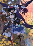  4girls :d :o autumn_leaves bird black_hair black_skirt black_socks black_wings blue_dress blue_hat brown_eyes brown_hair camera checkered_clothes checkered_skirt closed_mouth collared_shirt commentary_request day dress flying geta grey_hair hat highres himekaidou_hatate holding holding_behind_back holding_tripod iizunamaru_megumu inubashiri_momiji kajatony leaf long_sleeves looking_at_viewer multiple_girls outdoors pom_pom_(clothes) puffy_short_sleeves puffy_sleeves purple_hat purple_shoes purple_skirt red_eyes red_hat red_sandals red_skirt ribbon-trimmed_skirt ribbon_trim sandals shameimaru_aya shield shirt shoes short_hair short_sleeves skirt smile socks tengu-geta tokin_hat touhou tripod twintails white_shirt wide_sleeves wings 