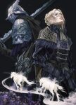  1boy 1girl armor ascot asymmetrical_bangs belt black_background blonde_hair blue_eyes blue_surcoat braid brother_and_sister buttons commentary crown_braid double-breasted duchess_(elden_ring) elden_ring elden_ring_nightreign english_commentary eye_mask flower gloves helmet highres horse official_alternate_costume ornate_armor ornate_clothes over_shoulder siblings sword upper_body weapon weapon_over_shoulder white_horse winged_helmet wylder_(elden_ring) yujia0412 