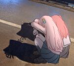  2girls black_skirt black_socks bocchi_the_rock! brown_shoes from_behind gotoh_hitori grey_skirt hair_ornament highres jacket kita_ikuyo long_hair long_sleeves multiple_girls pink_hair pink_jacket pleated_skirt red_hair road sailor_collar shadow shoes skirt socks squatting white_sailor_collar yunayuispink 