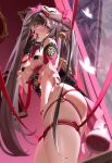  1girl absurdres black_gloves black_pasties blush bow brown_hair butterfly-shaped_pupils cowboy_shot detached_sleeves dress from_below gloves hair_bow highres honkai:_star_rail honkai_(series) kururu_(qqqqq59508750) long_hair looking_at_viewer mark_under_both_eyes mask mask_on_head mouth_hold pasties red_bow red_dress red_eyes red_ribbon red_sleeves ribbon ribbon_in_mouth rope single_glove skindentation solo sparkle_(honkai:_star_rail) star_(symbol) star_pasties symbol-shaped_pupils thighs twintails very_long_hair 