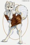 2025 4_toes anthro arm_tuft breasts brown_clothing brown_eyes canid canine canis chest_tuft claws clothing clothing_pull coy curled_tail digitigrade domestic_dog dress elbow_tuft feet female fluffy fluffy_tail full-length_portrait fur furgonomics hair hi_res inner_ear_fluff kashmere leaning leaning_forward light lighting mammal neck_tuft pawpads paws pinup pointy_ears portrait pose prick_ears short_dress signature simple_background solo standing sweater_dress tail toe_claws toes traditional_media_(artwork) tuft whiskers white_body white_fur white_hair