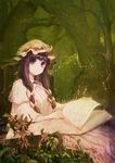  absurdres bangs book bow capelet dress flower forest hair_bow hat highres long_hair matumasima mob_cap multi-tied_hair nature open_book outdoors patchouli_knowledge purple_eyes purple_hair sitting solo striped striped_dress touhou tree 