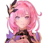  1girl blue_eyes breasts chinese_commentary commentary_request corset elf elysia_(honkai_impact) elysia_(miss_pink_elf)_(honkai_impact) hair_ornament highres honkai_(series) honkai_impact_3rd huan455210 long_hair pink_hair pink_pupils pointy_ears shrug_(clothing) simple_background smile solo upper_body white_background white_corset 