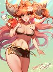  apple blush braid breasts caesty cowboy_shot dated flower food fruit green_eyes hair_flower hair_ornament halterneck heart horns long_hair medium_breasts miniskirt navel original red_hair side_braid side_slit signature skirt slender_waist smile solo very_long_hair 