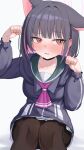 1girl absurdres animal_ears black_choker black_hair black_pantyhose blue_archive blue_hoodie blunt_bangs blush bob_cut cat_ears cat_girl choker collarbone colored_inner_hair commentary ear_blush embarrassed extra_ears eyelashes feet_out_of_frame green_sailor_collar hair_behind_ear hair_intakes hair_ornament hairclip halo hands_up highres hood hood_down hoodie kazusa_(blue_archive) long_sleeves looking_to_the_side medium_hair miniskirt multicolored_hair neckerchief open_mouth pantyhose paw_pose pink_hair pink_halo pink_neckerchief pleated_skirt red_eyes sailor_collar school_uniform serafuku simple_background sitting skirt slit_pupils solo straight_hair sweat symbol-only_commentary tsurime two-tone_hair wendao white_background white_skirt 