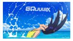  1girl absurdres black_hair closed_eyes cloud cloudy_sky collarbone commentary copyright_logo cumulonimbus_cloud day english_commentary gundam gundam_gquuuuuux highres long_hair nyaan_(gundam_gquuuuuux) ocean one-piece_swimsuit outdoors signature sky solo swimming swimsuit water water_drop yellow_one-piece_swimsuit zen_(jirakun) 