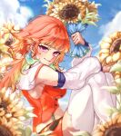  1girl absurdres arms_on_knees blue_sky blurry blurry_foreground bouquet breasts closed_mouth cloud colored_inner_hair commentary day detached_sleeves english_commentary feathers field flower flower_field gaecho_123 gradient_hair green_feathers green_hair hair_flaps highres holding holding_bouquet hololive hololive_english knees_up long_hair long_sleeves looking_at_viewer medium_breasts midriff miniskirt multicolored_hair orange_hair orange_skirt orange_vest outdoors purple_eyes ribbed_sleeves sitting skirt sky smile solo sunflower takanashi_kiara takanashi_kiara_(1st_costume) thighhighs vest virtual_youtuber white_thighhighs 