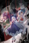  4girls absurdres ascot black_shoes blonde_hair blue_dress blue_hair blue_hat bow calligraphy_brush center_frills closed_mouth dress earmuffs flower footwear_bow frills green_kimono hair_flower hair_ornament hat hieda_no_akyuu highres holding holding_brush holding_pen japanese_clothes kamishirasawa_keine kimono long_hair looking_at_viewer looking_back mob_cap multiple_girls neckerchief paintbrush pen puffy_short_sleeves puffy_sleeves purple_eyes purple_hair red_ascot red_bow red_eyes red_neckerchief red_skirt remilia_scarlet ritual_baton scroll shirt shoes short_hair short_sleeves skirt sleeveless sleeveless_shirt socks touhou toyosatomimi_no_miko very_long_hair white_hair white_hat white_shirt white_skirt white_socks wrist_cuffs zhuqugongfang 