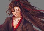  1boy ahoge bishounen bite_mark black_hair black_hanfu blush brown_hair chinese_clothes collarbone eyelashes floating_hair grey_background hair_ribbon half-closed_eyes hanfu hickey high_ponytail highres implied_yaoi korean_commentary long_hair looking_down male_focus modao_zushi niken_(niken_ouo) parted_lips pectoral_cleavage pectorals ponytail purple_eyes red_ribbon ribbon robe simple_background smile solo upper_body very_long_hair wei_wuxian 