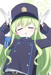  1girl armband arms_up belt belt_buckle black_belt blue_archive blue_armband blue_hat blue_jacket blue_skirt blush buckle buttoned_cuffs buttons charm_(object) chestnut_mouth closed_eyes commentary double-breasted facing_viewer gloves green_hair green_halo hair_between_eyes halo hat hayoo_ww highres hikari_(blue_archive) jacket long_hair long_sidelocks long_sleeves parted_lips peaked_cap pleated_skirt pointy_ears rabbit_pose shirt shirt_tucked_in sidelocks simple_background skirt solo split_mouth upper_body very_long_hair wavy_sidelocks white_background white_gloves white_shirt 