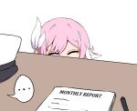  ... 1girl commentary desk elysia_(herrscher_of_human:_ego)_(honkai_impact) elysia_(honkai_impact) hair_ornament hat highres honkai_(series) honkai_impact_3rd marin_liekuriva paper peaked_cap pen pink_hair solo spoken_ellipsis white_hat 