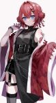 1girl absurdres ange_katrina ange_katrina_(7th_costume) arm_tattoo belt blue_eyes chain chain_bracelet closed_mouth commentary dot_nose double_bun hair_bun hair_ornament highres light_frown medium_hair myon_rio nijisanji o-ring official_alternate_costume red_hair simple_background solo symbol-only_commentary tattoo virtual_youtuber white_background x_hair_ornament 