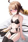  1girl :3 ahoge artist_name black_bra black_panties black_thighhighs blush bra breasts brown_hair commentary fang garter_belt garter_straps gigi_murin grem_(gigi_murin) highres hololive hololive_english lace-trimmed_bra lace-trimmed_panties lace_trim multicolored_hair nail_polish navel nose_blush on_bed panties pink_eyes pyrokuro short_twintails simple_background sitting small_breasts solo tail thighhighs twintails two-tone_hair underwear virtual_youtuber white_background yellow_nails 