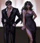  1boy 1girl black_eyes black_suit breasts cleavage clenched_hand collared_shirt curtained_hair dress dual_persona earrings feet_out_of_frame genderswap genderswap_(mtf) gloves hand_on_own_hip hands_in_pockets highleg highleg_dress highres jewelry lipstick long_hair looking_at_another macaronijail makeup multiple_views omniscient_reader&#039;s_viewpoint partially_unbuttoned pectoral_cleavage pectorals shirt short_hair side-eyed spaghetti_strap suit tassel tassel_earrings walking wavy_hair white_gloves white_shirt yoo_joonghyuk 
