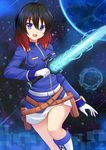  :d bangs belt black_hair blush boots breasts diffraction_spikes electricity energy_sword eyebrows_visible_through_hair fang gloves hair_between_eyes highres holding holding_sword holding_weapon jacket kazenokaze knee_boots knee_up long_sleeves looking_at_viewer medium_breasts multicolored_hair open_mouth original planet purple_eyes purple_jacket red_hair side_slit skirt smile solo space sparkle star_(sky) sword two-tone_hair uniform weapon white_belt white_gloves white_skirt zipper 