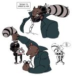 anthro bear big_butt big_tail black_bodysuit black_clothing black_skinsuit blush blush_lines bodysuit boots bored bottomwear brown_bear brown_body brown_fur butt button_(fastener) clothed clothed_anthro clothed_female clothed_male clothing cuff_(restraint) currency_symbol detective diegutan dollar_sign duo english_text eye_contact female female_anthro femme_fatale footwear fully_clothed fully_clothed_anthro fully_clothed_female fully_clothed_male fur green_clothing green_jacket green_topwear hand_on_tail handcuffs hi_res infatuation jacket larger_male legwear lifted lifted_by_tail looking_at_another male male_anthro mammal marcos_the_bear markings metal_cuffs muscular muscular_male pants pouch_(clothing) procyonid raccoon restraints shirt shoes silly simple_background size_difference skinsuit small_waist smaller_female striped_body striped_fur striped_markings striped_tail stripes struggling suit symbol tail tail_grab tail_markings tail_pull text thief thigh_boots thigh_highs tight_clothing topwear ursine uva_the_raccoon weight_difference white_background white_clothing white_shirt white_topwear wide_hips wrestling