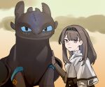  1girl arknights black_hairband black_scales blue_eyes brown_hair dragon grey_eyes hairband highres how_to_train_your_dragon_(series) jacket long_hair long_sleeves priestess_(arknights) scales shirt toothless upper_body white_jacket white_shirt wwfo_2 