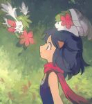  1girl beanie black_hair blush breasts dawn_(pokemon) flower flying hair_ornament hairclip hat highres looking_up midair myon_(myonninn) on_head pokemon pokemon_(creature) pokemon_dppt pokemon_on_head profile red_flower red_scarf scarf shaymin shaymin_(land) shaymin_(sky) sleeveless small_breasts 