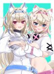  2girls absurdres animal_ear_fluff animal_ears bandaid bandaid_hair_ornament belt blonde_hair blue_background blue_belt blue_eyes blue_hair blue_nails blush breasts dog_ears dog_girl fuwawa_abyssgard fuwawa_abyssgard_(1st_costume) hair_between_eyes hair_intakes hair_ornament hairclip headphones headphones_around_neck highres hololive hololive_english kasutera_mikan large_breasts long_hair long_sleeves looking_at_viewer mococo_abyssgard mococo_abyssgard_(1st_costume) multiple_girls navel open_mouth parallel_hairclips pink_belt pink_eyes pink_hair shirt short_hair short_sleeves siblings simple_background sisters smile stomach twins white_shirt x_hair_ornament 