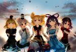  5girls arm_support bare_shoulders belt black_belt black_bow black_bowtie black_dress black_hat black_ribbon black_skirt blue_dress blue_eyes blue_sky blush bow bowtie bracelet breasts buttons clenched_hand closed_mouth cloud cloudy_sky collarbone collared_vest colored_inner_hair commentary_request cowboy_shot crossed_arms dress earmuffs floating_hair flower flying frills ghost_tail gold_bracelet gradient_sky green_eyes grey_hair hair_ornament hair_rings hair_stick hand_up hands_in_opposite_sleeves hat hat_ornament hat_ribbon high_ponytail highres itsumizu japanese_clothes jewelry jiangshi juliet_sleeves kaku_seiga kariginu leaf long_hair long_sleeves looking_at_another looking_at_viewer mandarin_collar medium_breasts miyako_yoshika mononobe_no_futo multicolored_hair multiple_girls neck_ribbon ofuda ofuda_on_clothes ofuda_on_head open_clothes open_mouth open_vest outdoors outstretched_arms pink_flower pink_hair pointy_hair ponytail puffy_short_sleeves puffy_sleeves purple_eyes purple_hair purple_ribbon red_shirt ribbon sailor_collar shirt short_hair short_sleeves skirt sky sleeveless sleeveless_dress smile soga_no_tojiko standing star_(symbol) star_hat_ornament sun_symbol sunset sword tate_eboshi touhou toyosatomimi_no_miko vest visor_cap weapon white_dress white_vest wide_sleeves wing_collar yellow_sky zombie_pose 