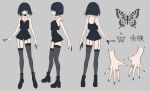  1girl bare_arms bare_shoulders black_boots black_garter_straps black_hair black_shorts black_tank_top black_thighhighs blue_eyes blue_nails boots breasts butterfly_necklace butterfly_tattoo closed_mouth collarbone concentric_circles english_commentary face_piercing floating_hair from_behind from_side garter_straps grey_background highres indie_utaite jewelry lip_piercing looking_at_viewer medium_hair mei_32k1 multiple_rings multiple_views nail_polish necklace piercing reference_sheet ring shorts shoulder_tattoo simple_background small_breasts standing tank_top tattoo thighhighs translation_request yoei._(utaite) 