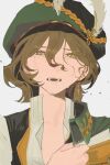  1girl black_vest brown_hair cape crying crying_with_eyes_open green_cape green_eyes green_hat hair_between_eyes half-closed_eyes hand_up hashtag-only_commentary hat hat_feather highres looking_at_viewer mole mole_under_eye newsboy_cap oji-sama_(ochi4t) open_mouth portrait recoleta_(reverse:1999) reverse:1999 shirt short_hair side_cape solo tears teeth vest white_background white_shirt 