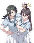  2girls absurdres bang_dream! bang_dream!_it&#039;s_mygo!!!!! black_hair blue_shirt blush carton closed_mouth commentary crossed_arms green_eyes hair_between_eyes hanasakigawa_school_uniform highres joker_(jjjokerrr233) long_hair medium_hair multiple_girls pleated_skirt purple_eyes sailor_collar school_uniform serafuku shiina_taki shirt short_sleeves simple_background skirt white_background white_sailor_collar white_skirt yahata_umiri 