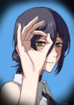  1girl absurdres black_choker black_hair chainsaw_man choker closed_mouth green_eyes hair_between_eyes highres light_smile looking_at_viewer matomo ok_sign reze_(chainsaw_man) shirt sleeveless sleeveless_shirt solo white_shirt 