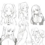  2girls blunt_bangs breasts buttons closed_mouth dot_nose dress earrings expressionless fern_(sousou_no_frieren) forehead frieren head_tilt highres jewelry large_breasts lineart long_hair monochrome multiple_girls multiple_views nattocurryumeee open_clothes open_mouth open_shirt pointy_ears portrait sidelocks simple_background sketch small_breasts sousou_no_frieren twintails upper_body white_background yuri 