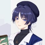  1boy alternate_costume beret black_hair black_hat black_shirt black_undershirt blue_pupils blue_shawl blunt_ends casual collared_shirt contemporary covered_collarbone cup disposable_coffee_cup disposable_cup eyeliner eyeshadow genshin_impact gold_necklace hag_(hag_015) hair_intakes hat highres holding holding_cup jewelry looking_at_viewer makeup male_focus necklace official_alternate_costume parted_bangs parted_lips pink_lips portrait purple_eyes red_eyeliner red_eyeshadow scaramouche_(genshin_impact) shawl shirt shoulder_peek simple_background solo tsurime turtleneck turtleneck_shirt wanderer_(genshin_impact) wanderer_(wanderer_impression)_(genshin_impact) white_mouth white_shirt wispy_bangs 