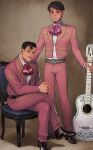  2boys anzumame belt black_hair black_shoes brown_eyes buttons chair charro closed_mouth coco_(disney) commentary_request crossed_legs ernesto_de_la_cruz ernesto_de_la_cruz_(alive) facial_hair full_body guitar hector_rivera hector_rivera_(alive) highres holding holding_guitar holding_instrument instrument jacket long_sleeves looking_at_viewer male_focus multiple_boys mustache own_hands_together pants pink_jacket pink_pants shirt shoes short_hair sitting smile white_shirt yellow_eyes 
