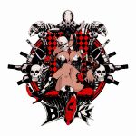  1girl alcohol animal_skull arm_tattoo armchair black_hair boots bottle breasts chair cleavage commentary_request crossed_legs emblem flower full_body high_heel_boots high_heels highres holding holding_skull large_breasts leg_tattoo leotard long_hair looking_at_viewer original playboy_bunny red_eyes rose sitting skull solo tattoo yamada_satoshi 
